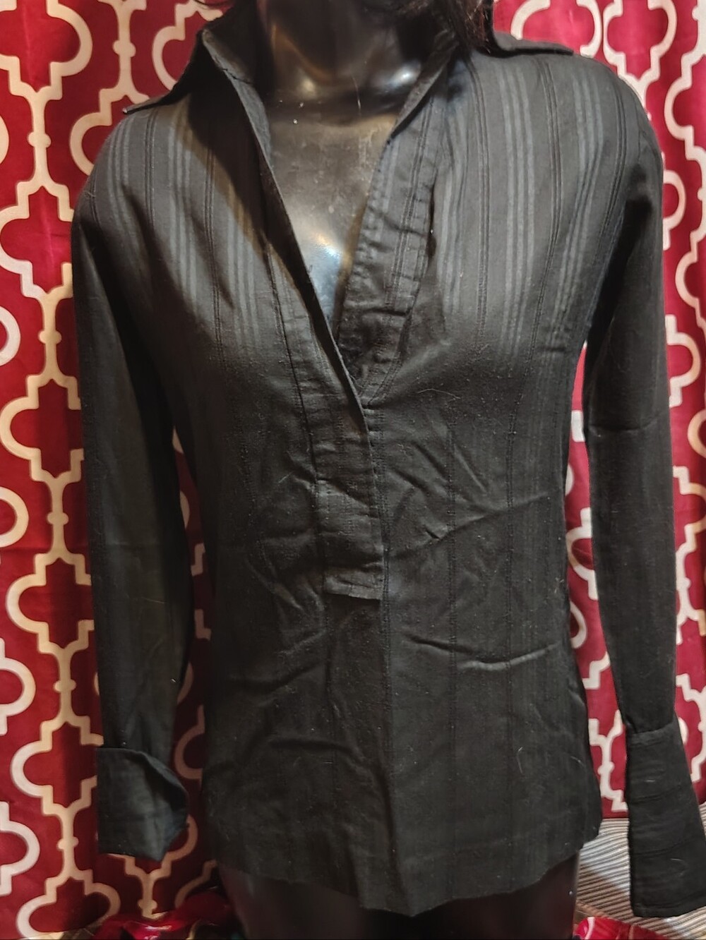 Rockin' Vtg Handmade Dagger Collar Low-cut Blouse Huge Button Cuffs Black Size M